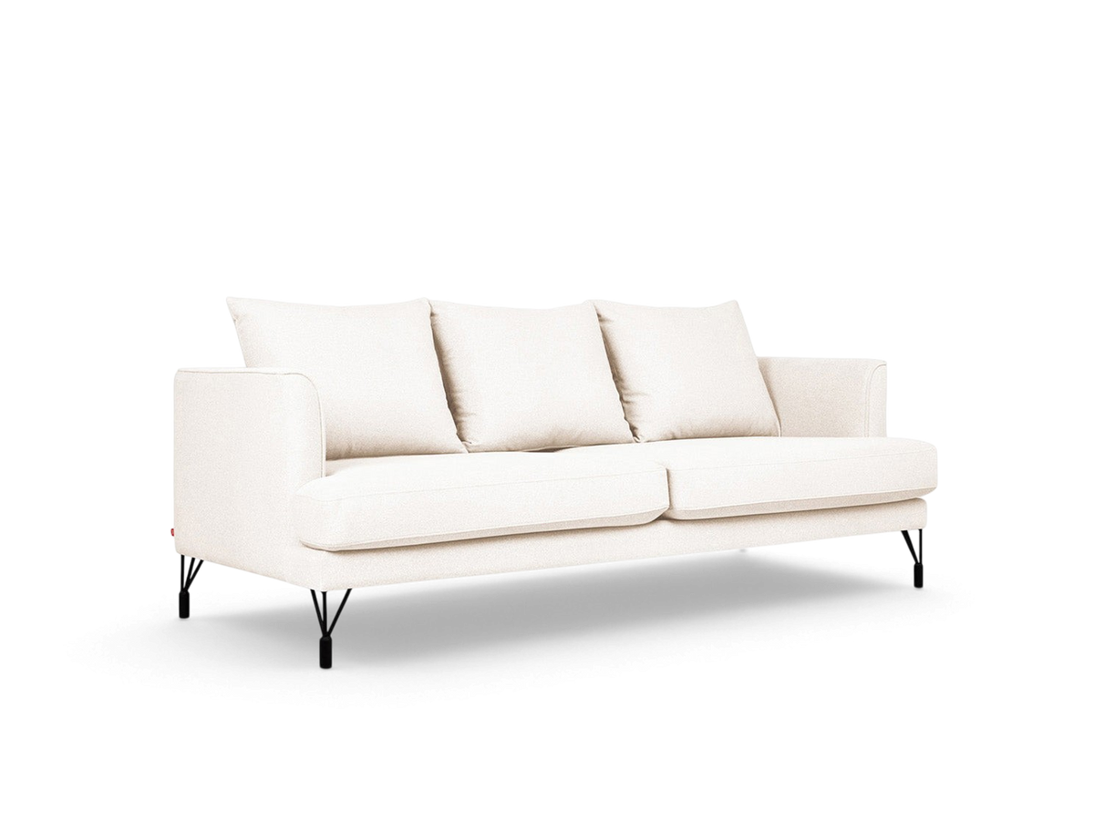 urbane EQ3 Highline Sofa in cream fabric with slim frame, curved arms, and black architectural metal legs