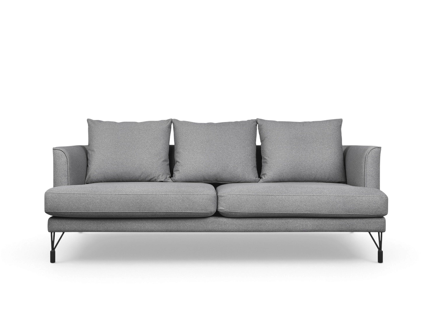 urbane EQ3 Highline Sofa in grey fabric with curved arms, French-seam detailing, and slim architectural metal legs.