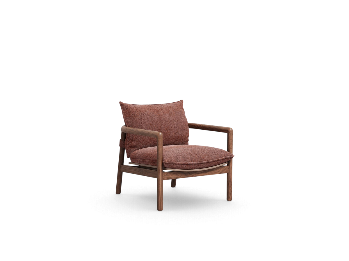 urbane EQ3 Humber Chair with a solid walnut wood frame and textured rust-coloured fabric cushions