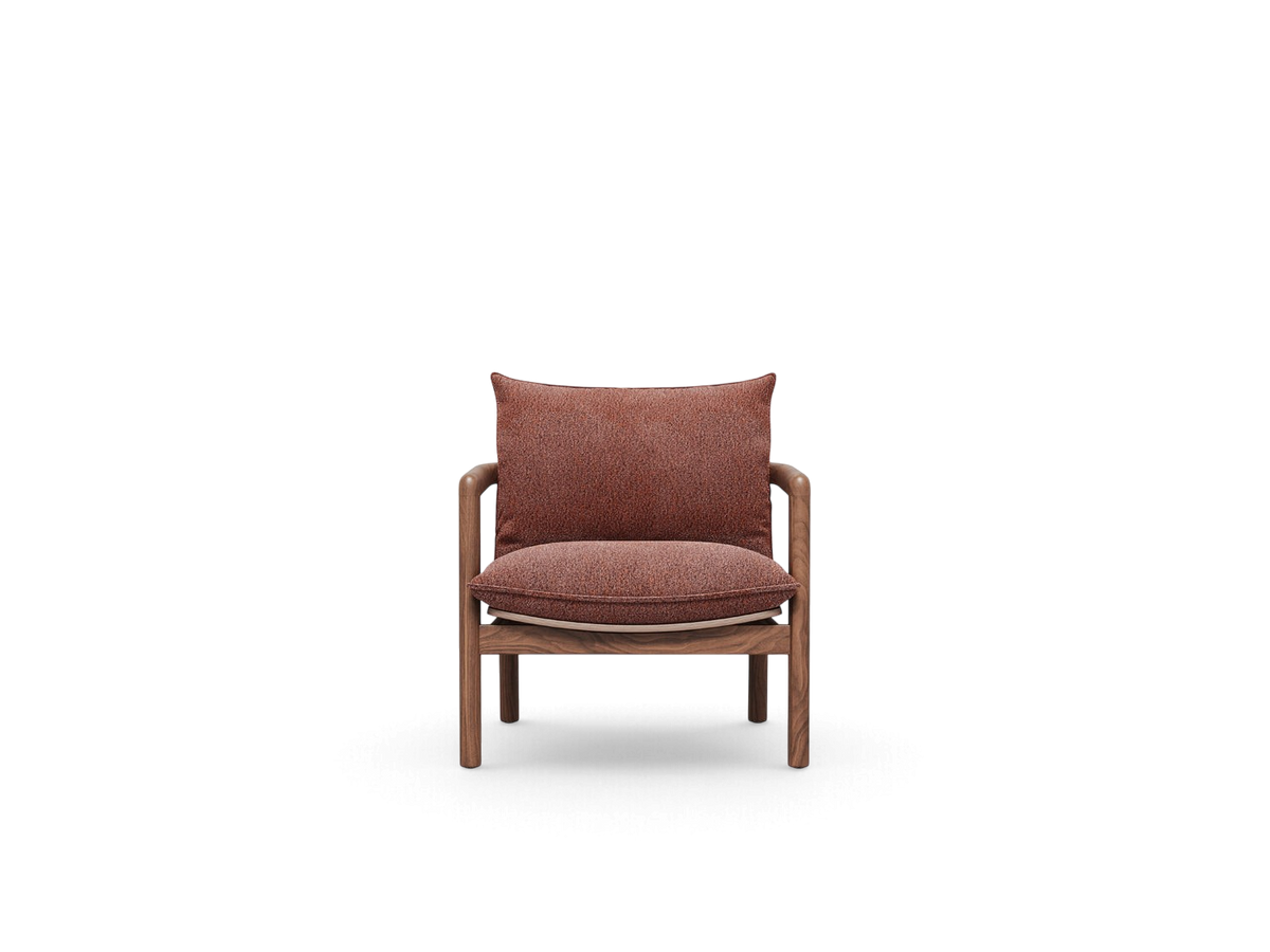 urbane EQ3 Humber Chair with a solid walnut wood frame and textured rust-coloured upholstered cushions