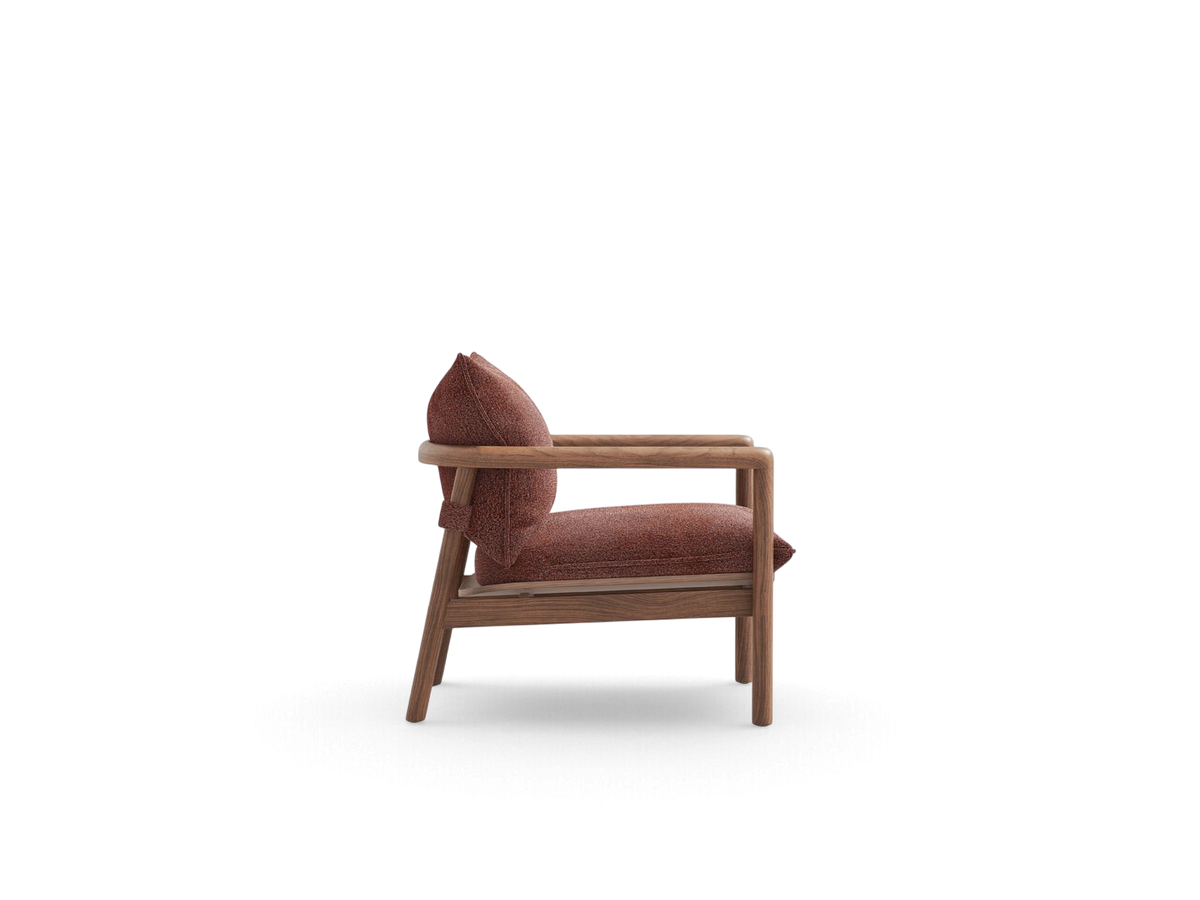 urbane EQ3 Humber Chair with a solid wood frame and textured rust-coloured upholstered cushions in a side profile.