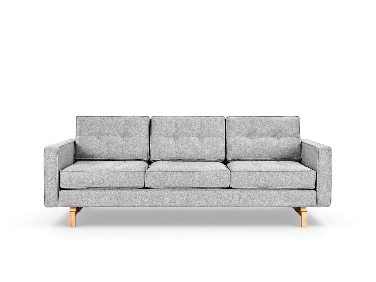 urbane EQ3 Jane 2 sofa in grey fabric with button-tufted cushions and a light ash wood base on a white background