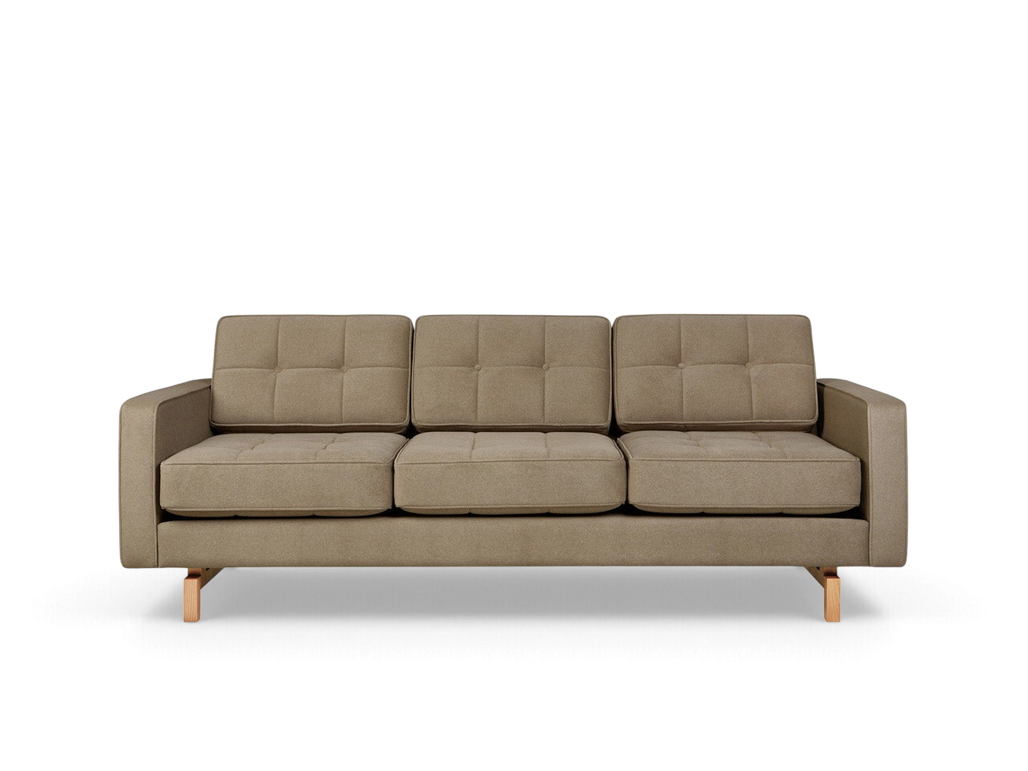 urbane EQ3 Jane 2 sofa in beige fabric with button-tufted cushions and a light wood inset base
