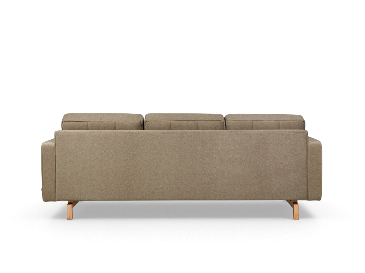 urbane EQ3 Jane 2 sofa in beige fabric with button-tufted cushions and a light wood base, back view