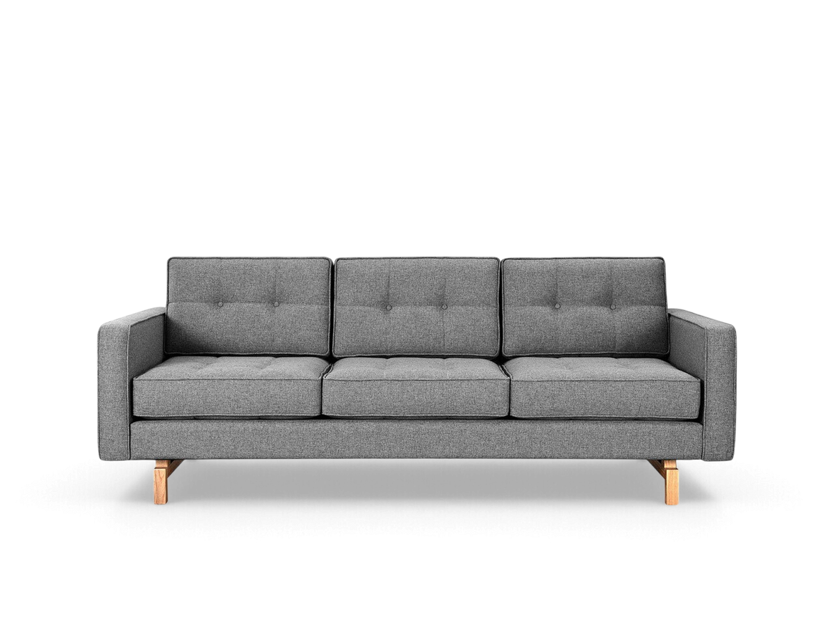urbane EQ3 Jane 2 sofa in grey fabric with button-tufted cushions and a light wood inset base