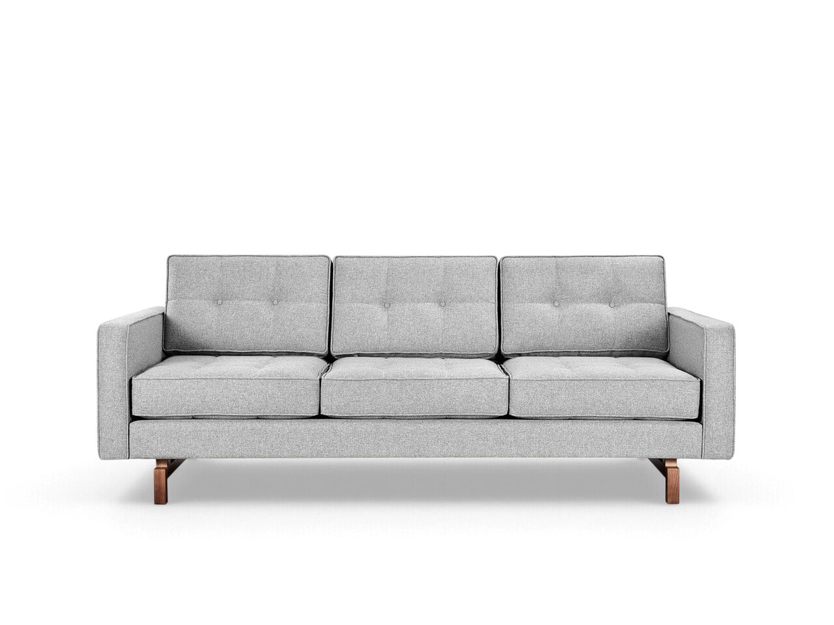 urbane EQ3 Jane 2 sofa in grey fabric with button-tufted cushions and a solid ash wood base in a mid-century style