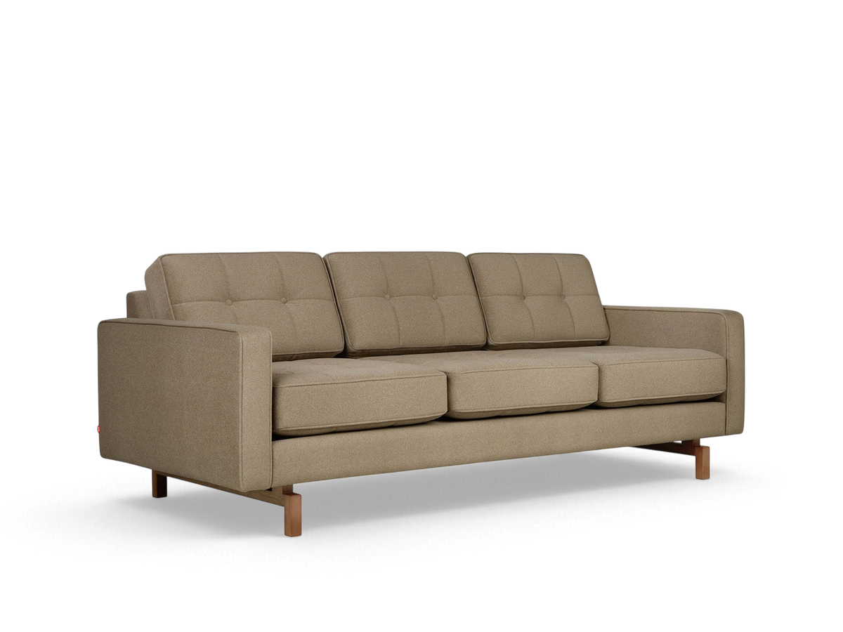 urbane EQ3 Jane 2 sofa in beige fabric with button-tufted cushions and a solid ash wood base