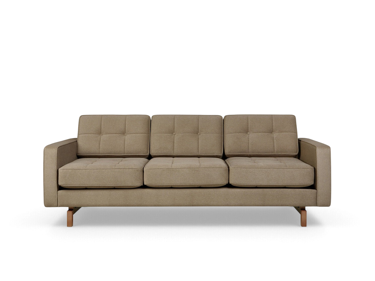 urbane EQ3 Jane 2 sofa in a neutral fabric with button-tufted cushions and a solid ash wood base