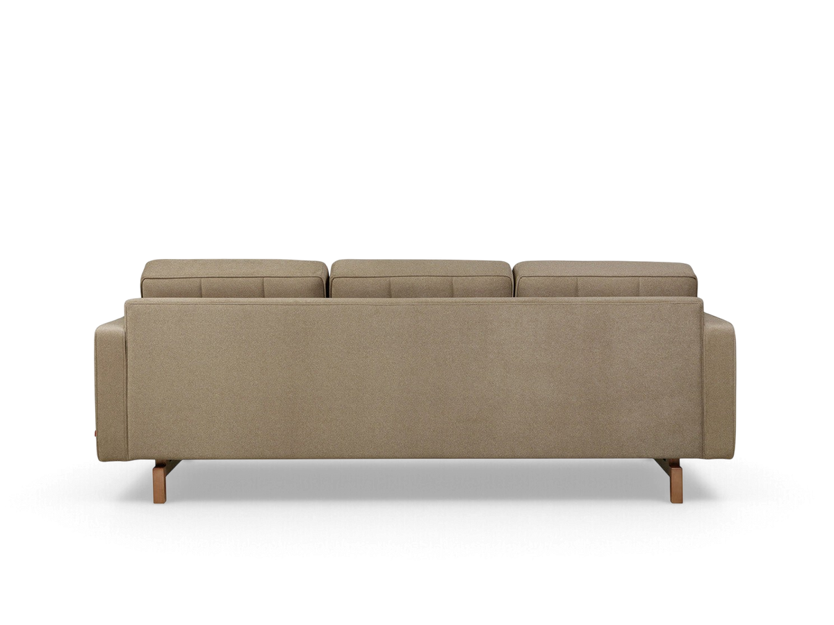 urbane EQ3 Jane 2 sofa in beige fabric with button-tufted back cushions and a solid wood base, back view