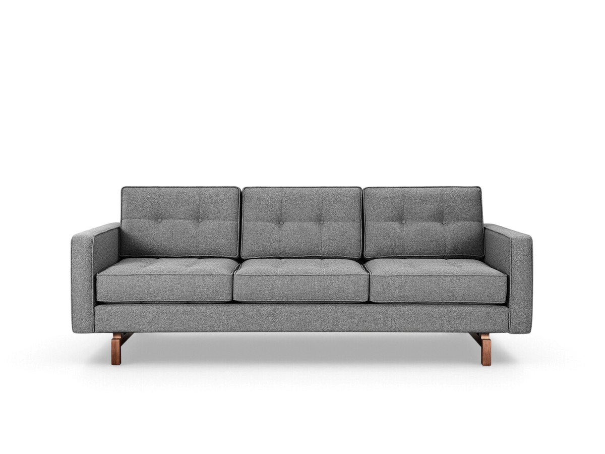 urbane EQ3 Jane 2 sofa in grey fabric with button-tufted cushions and a solid wood inset base
