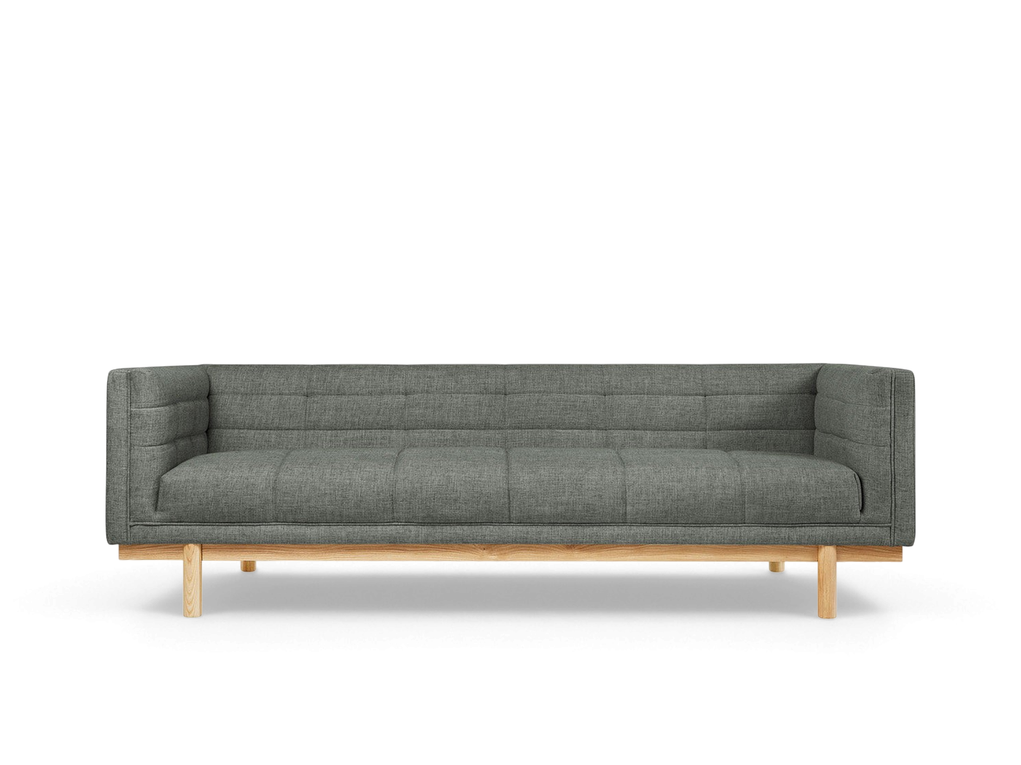 urbane EQ3 Mulholland Sofa in grey fabric with blind-tufting and a solid ash wood base on a white background