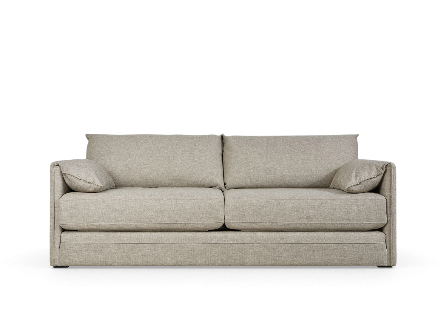 urbane EQ3 Neru Sofabed in a neutral fabric with slender arms, integrated bolsters, and French-seam detailing.
