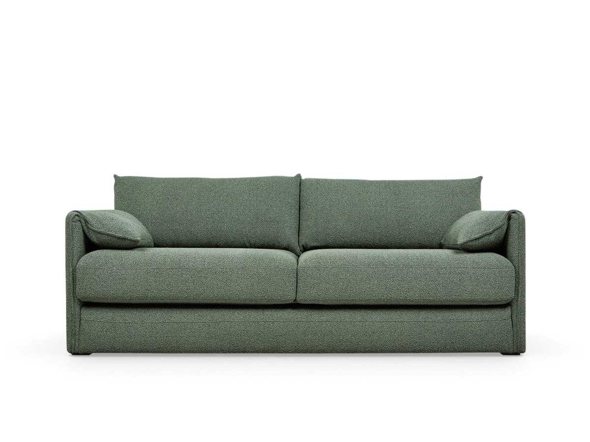 urbane EQ3 Neru Sofabed in sage green textured fabric with slender arms and integrated bolster cushions