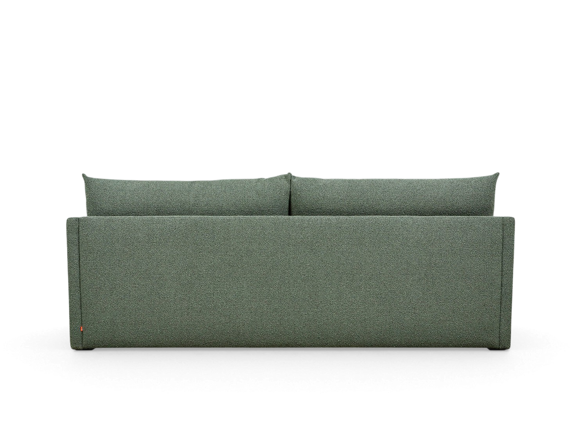 urbane EQ3 Neru sofabed in textured green fabric, shown from the back with clean lines and minimalist design.