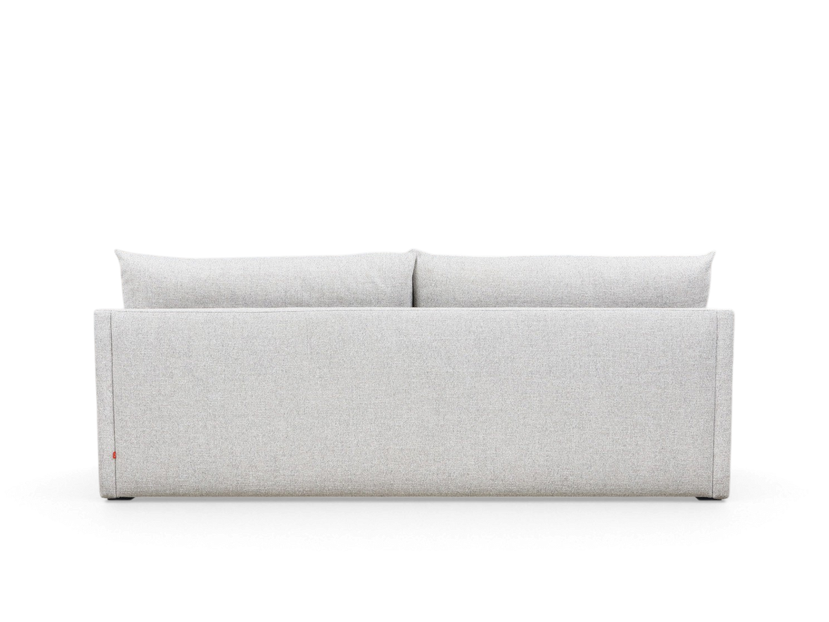 Back view of the urbane EQ3 Neru Sofabed in light grey fabric, featuring clean lines and slender arms.