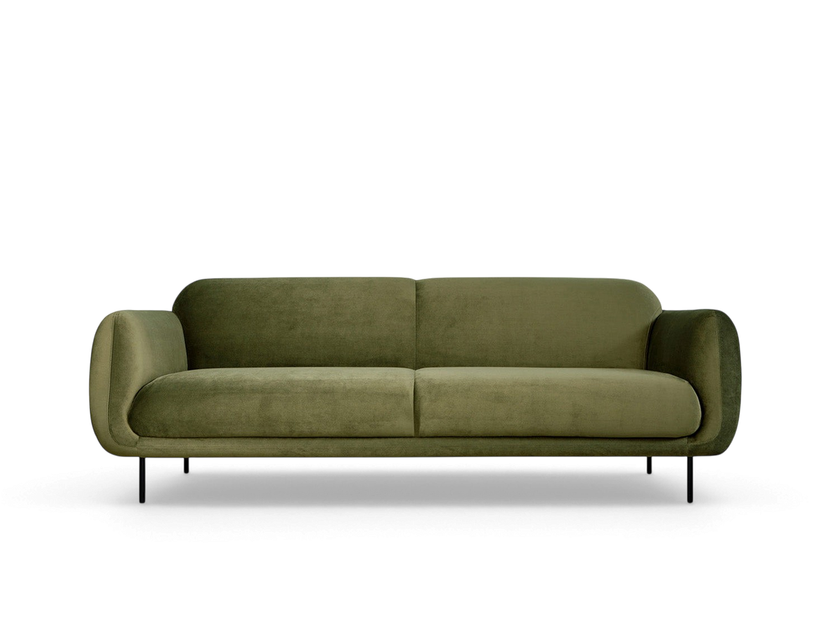 urbane EQ3 Nord Sofa in olive green fabric with a curved silhouette and black steel legs against a neutral background