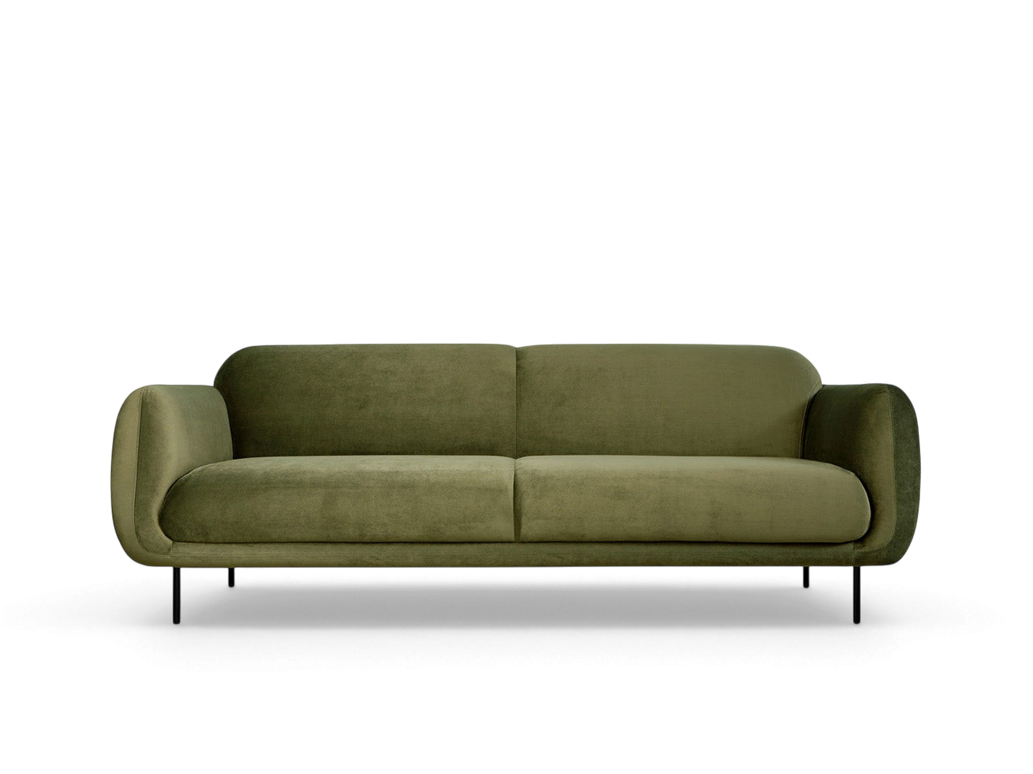 urbane EQ3 Nord Sofa in olive green fabric with a curved silhouette and black steel legs against a neutral background