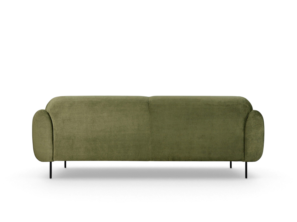 urbane EQ3 Nord Sofa in olive green velvet with a curved silhouette and black steel legs, front view
