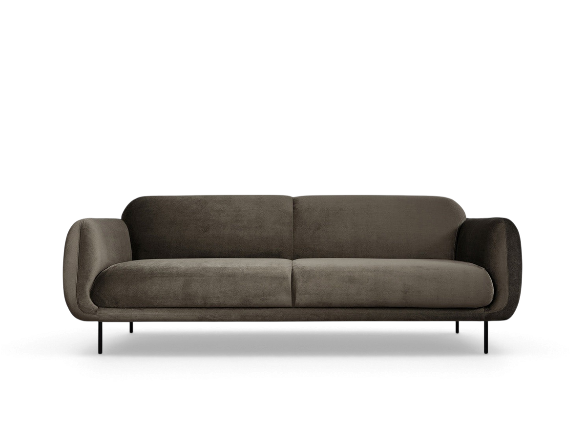 urbane EQ3 Nord Sofa in a dark grey fabric with a curved silhouette and black steel legs against a neutral background