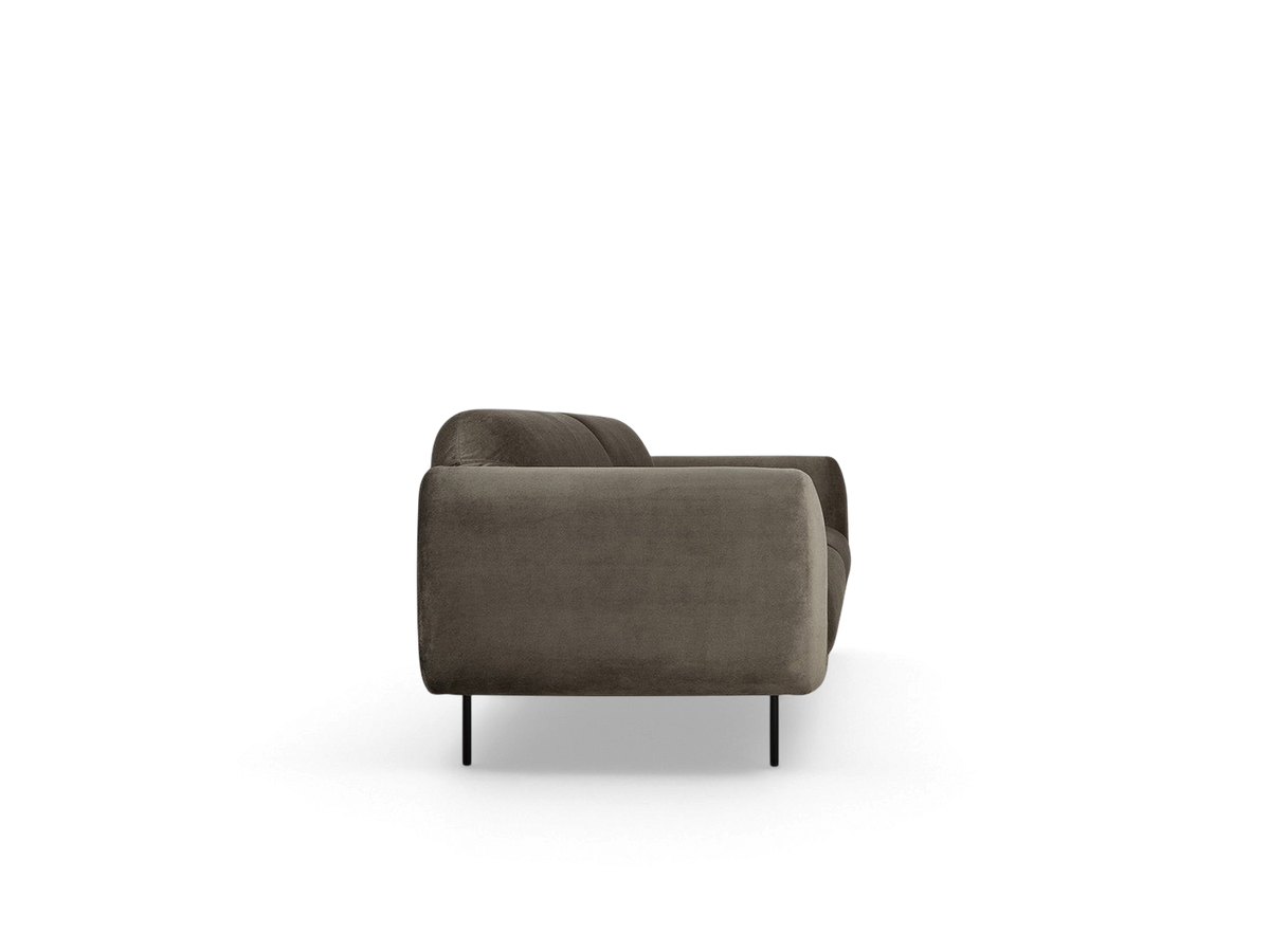 urbane EQ3 Nord Sofa in a grey plush fabric with a curved silhouette and black steel legs, side profile view.