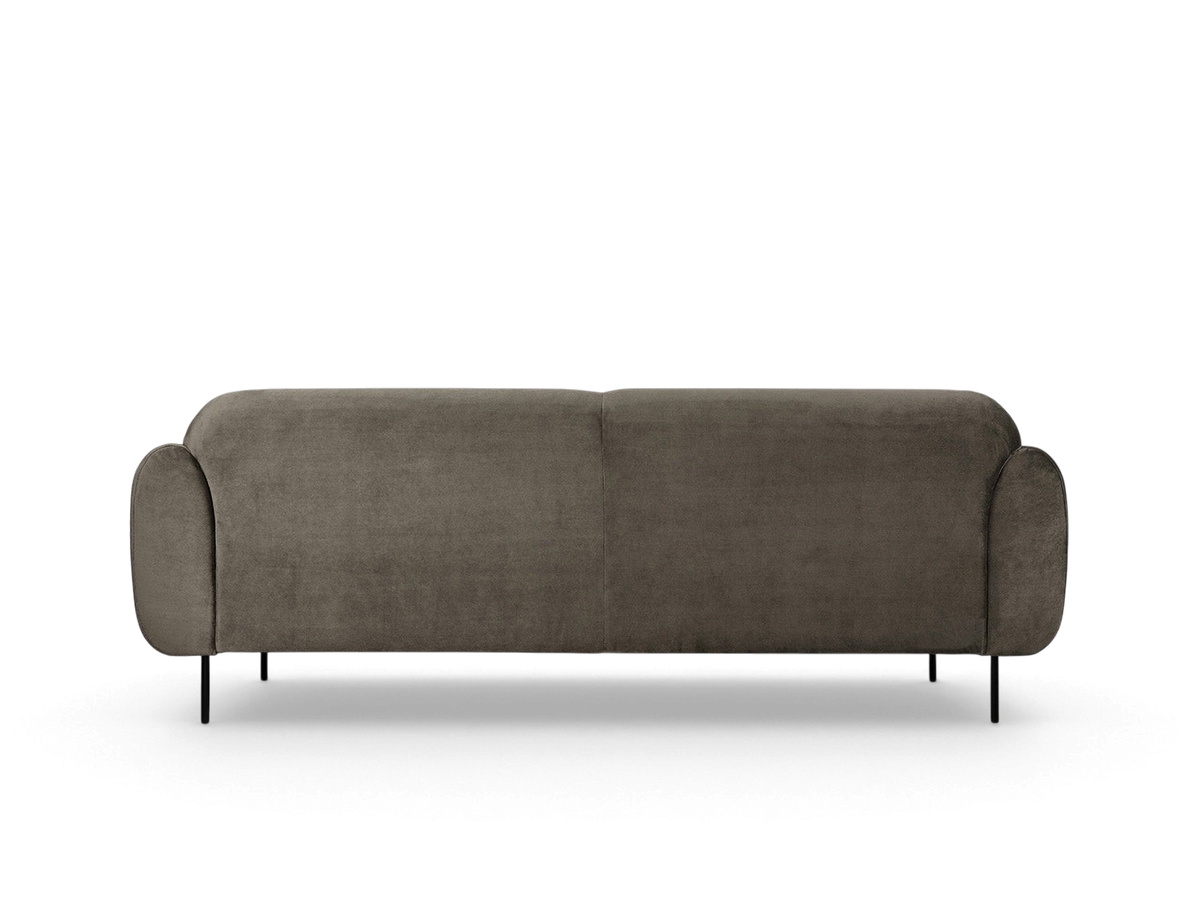 urbane EQ3 Nord Sofa in a grey fabric with a curved silhouette and black steel legs, viewed from the back.