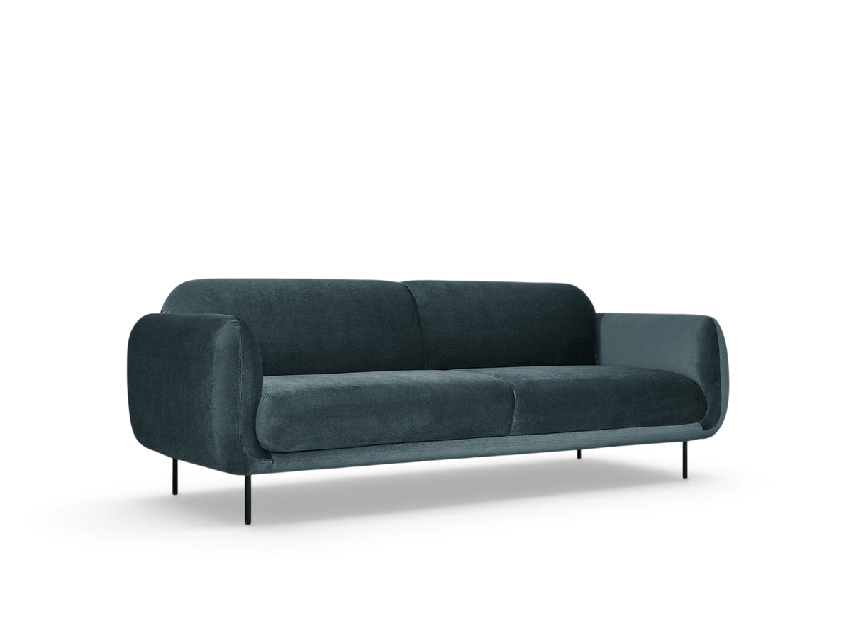 urbane EQ3 Nord Sofa featuring a dark teal plush fabric, curved arms, and modern black steel legs in a retro style.