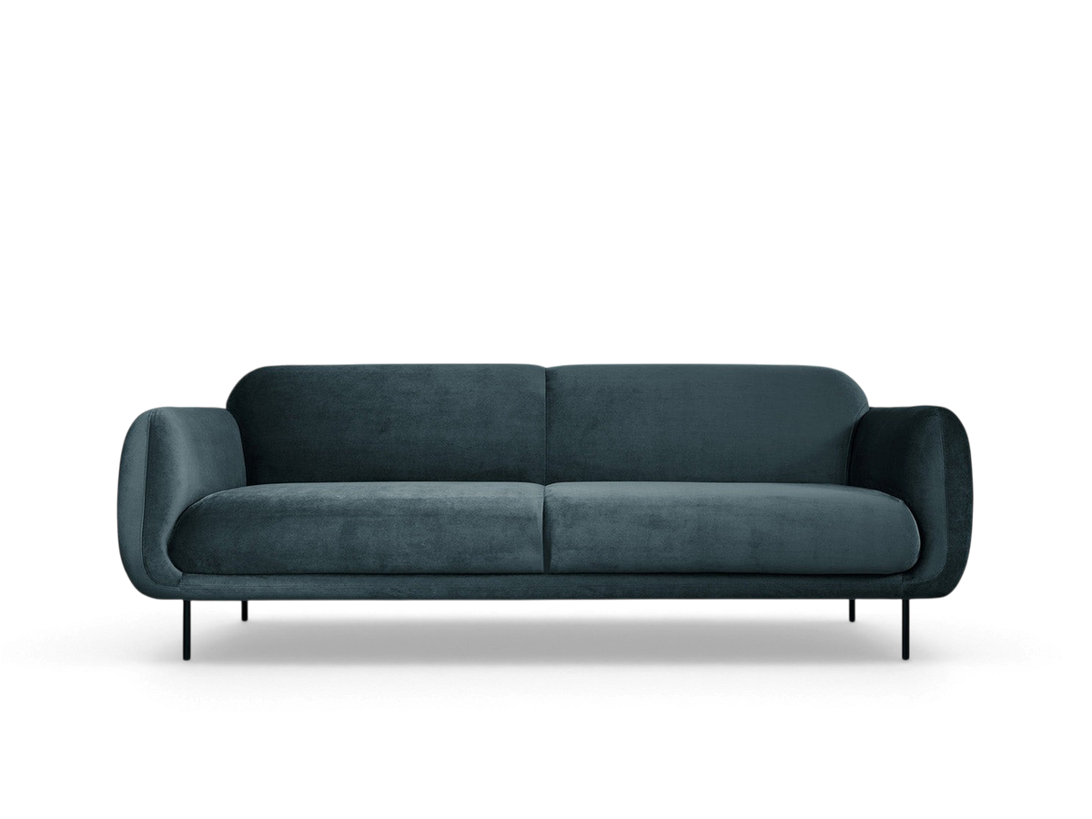 urbane EQ3 Nord Sofa in dark teal velvet with a curved silhouette and black steel legs against a neutral background