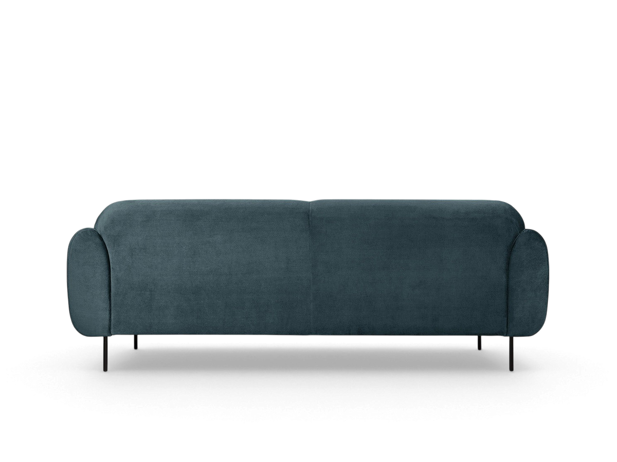 urbane EQ3 Nord Sofa in teal velvet with a curved silhouette and black steel legs, front view.