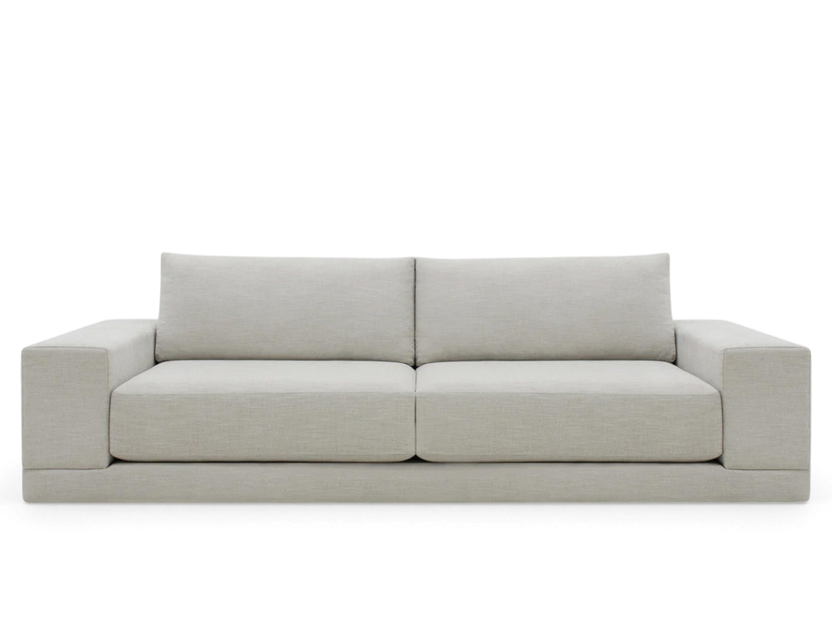 urbane EQ3 Palermo sofa in light grey fabric with a modern low-profile design and thick box-cushion seating