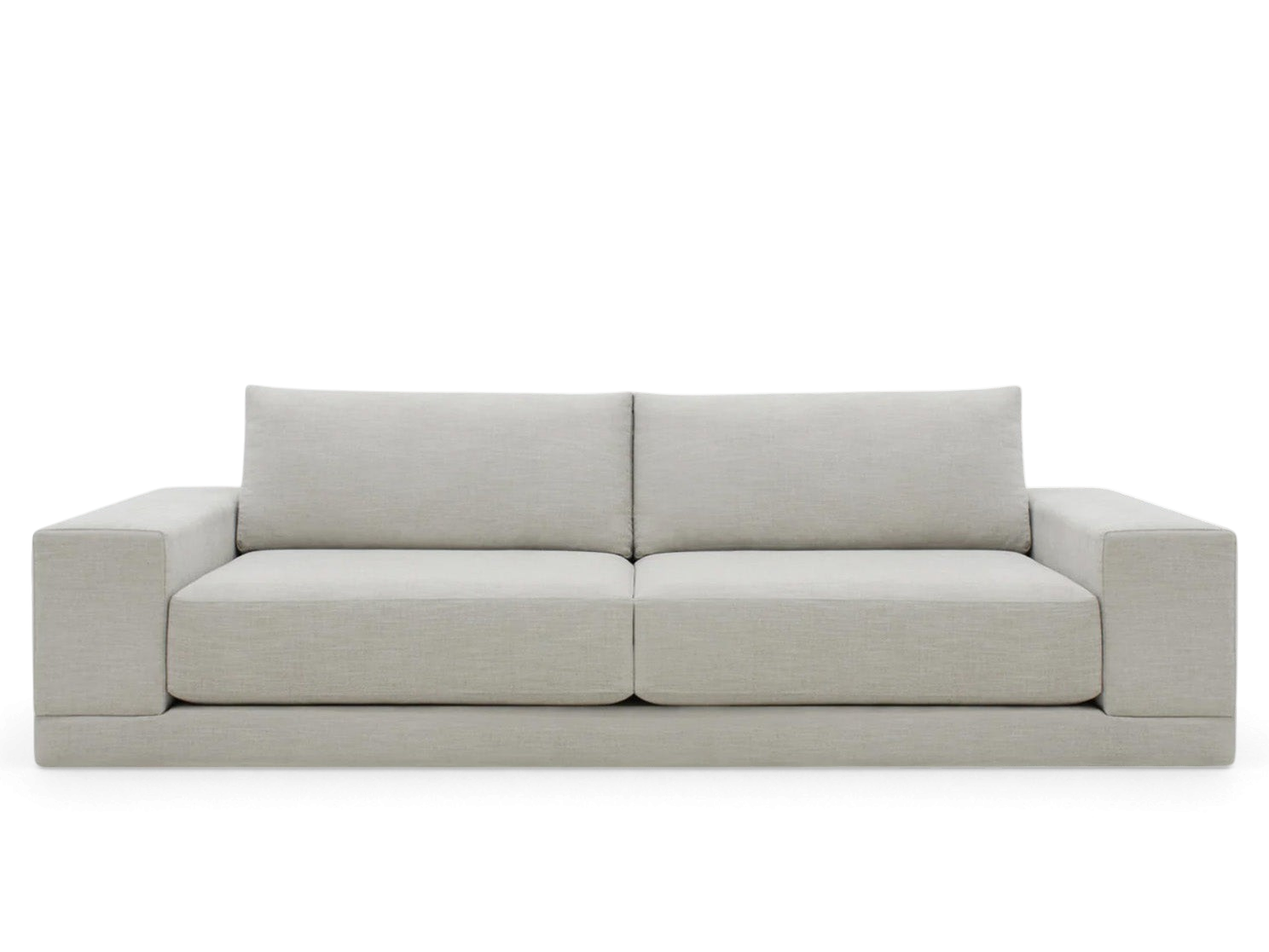 urbane EQ3 Palermo sofa in light grey fabric with a modern low-profile design and thick box-cushion seating