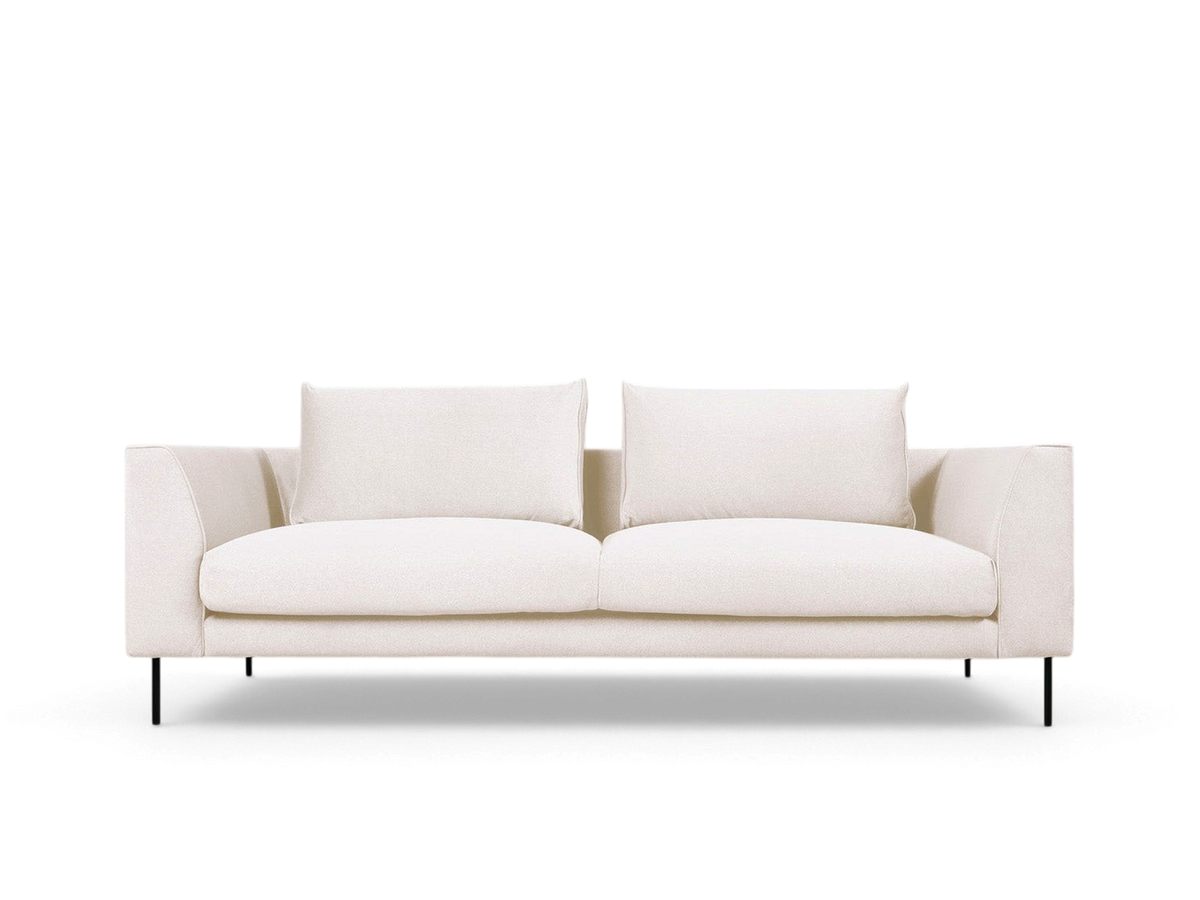 urbane EQ3 Renfrew sofa in off-white fabric with a tuxedo frame, bench seat, and black tubular steel legs.