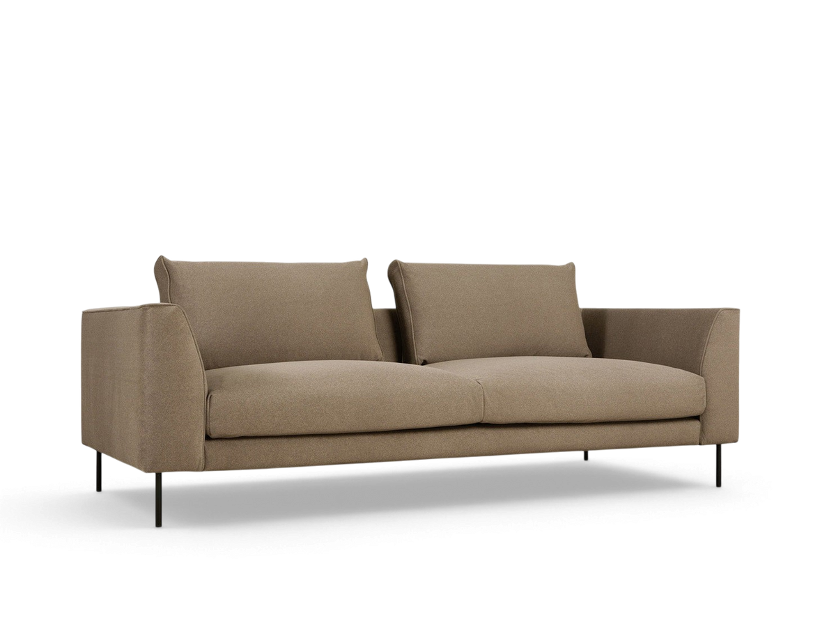 urbane EQ3 Renfrew sofa in a neutral beige fabric with a tuxedo frame and slim black powder-coated steel legs.
