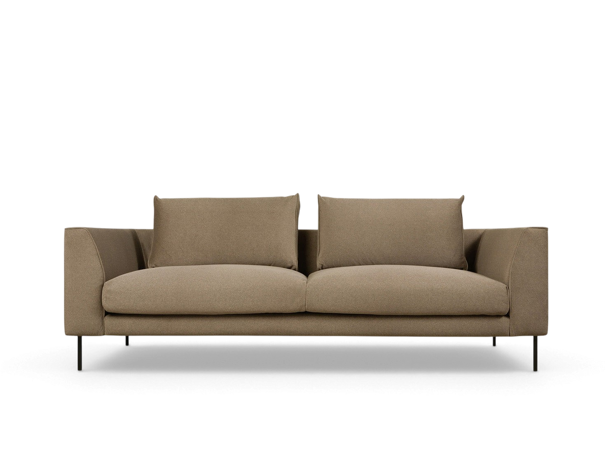 urbane EQ3 Renfrew sofa in a neutral beige fabric with a tuxedo frame and slim black steel legs