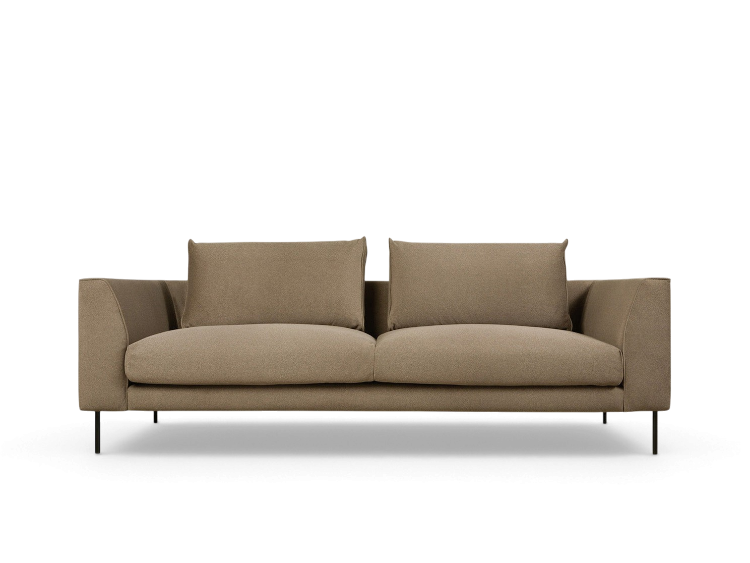 urbane EQ3 Renfrew sofa in a neutral beige fabric with a tuxedo frame and slim black steel legs