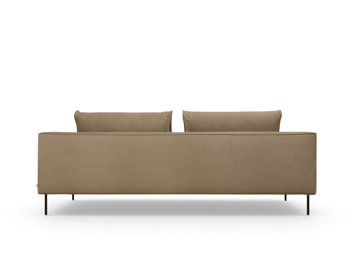 urbane EQ3 Renfrew sofa in a neutral fabric with a tuxedo frame and black powder-coated steel legs, back view