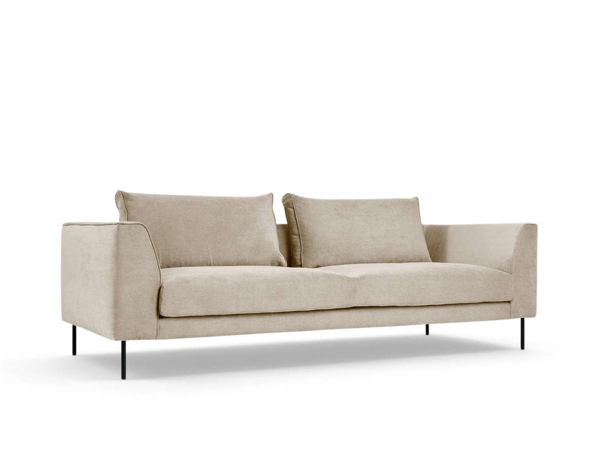 urbane EQ3 Renfrew sofa in beige fabric with a tuxedo frame and black powder-coated steel legs