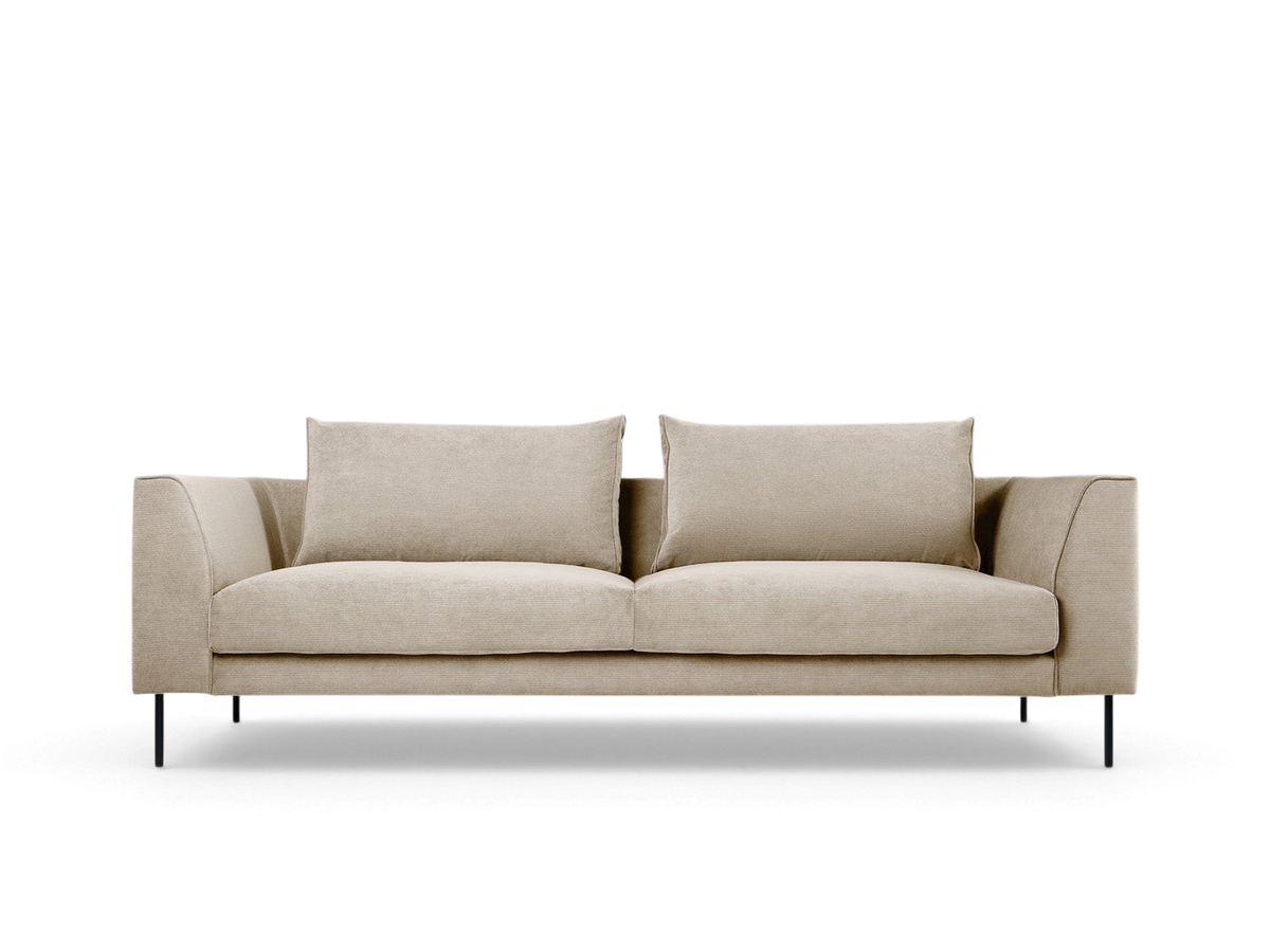 urbane EQ3 Renfrew sofa in beige fabric with a tuxedo frame and black powder-coated steel legs