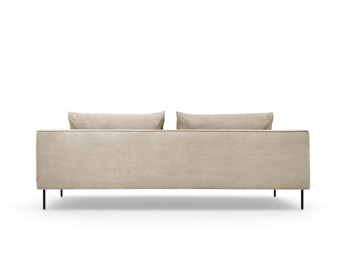 urbane EQ3 Renfrew sofa in beige fabric with a tuxedo frame and black powder-coated steel legs, back view