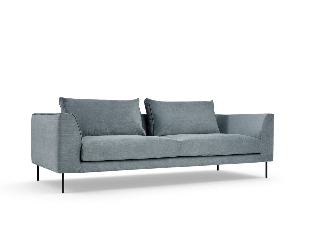 urbane EQ3 Renfrew sofa in light blue fabric with a tuxedo frame and black powder-coated steel legs