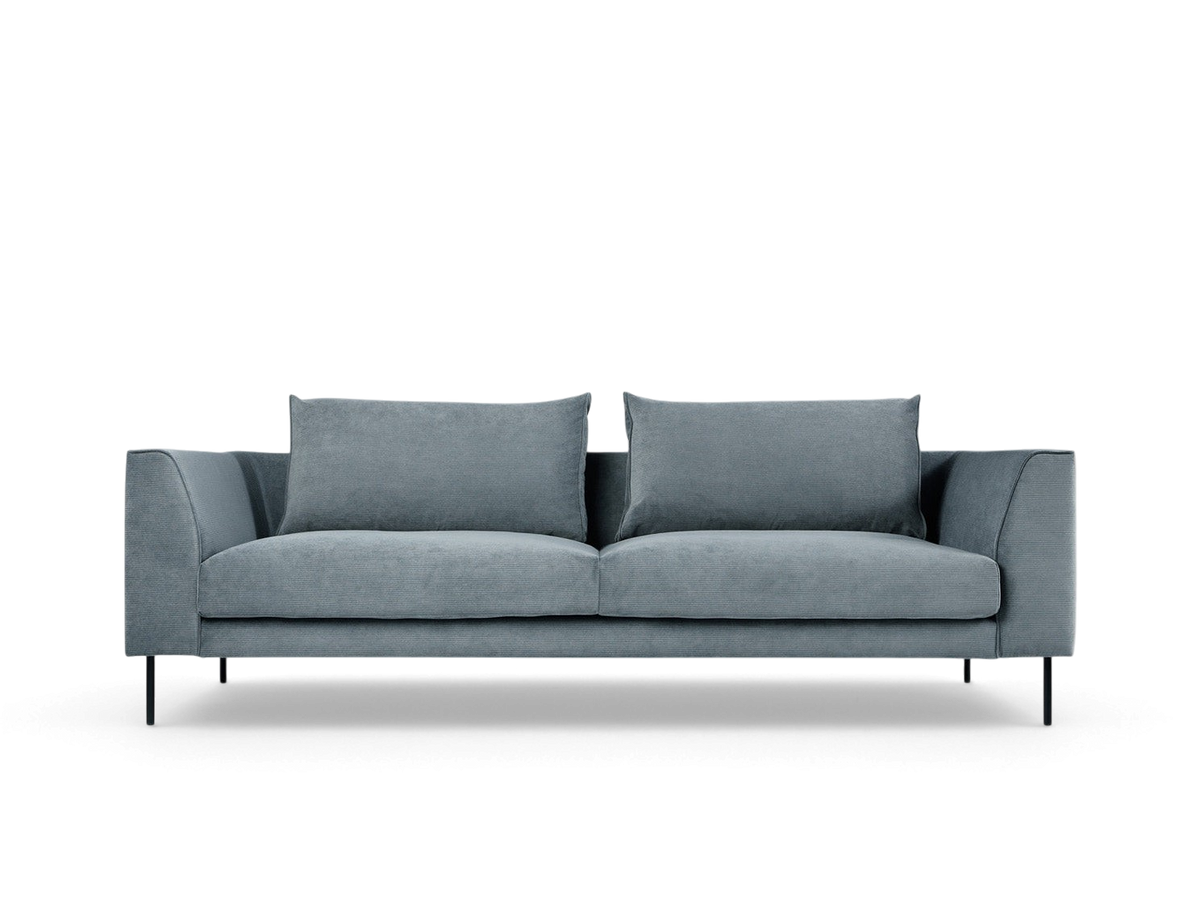 urbane EQ3 Renfrew sofa in blue fabric with a tuxedo frame and black powder-coated steel legs