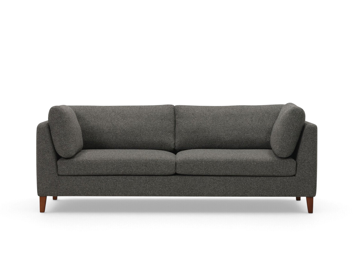 urbane EQ3 Salema 87 inch sofa in dark grey textured fabric with tapered wooden legs and two side bolster cushions