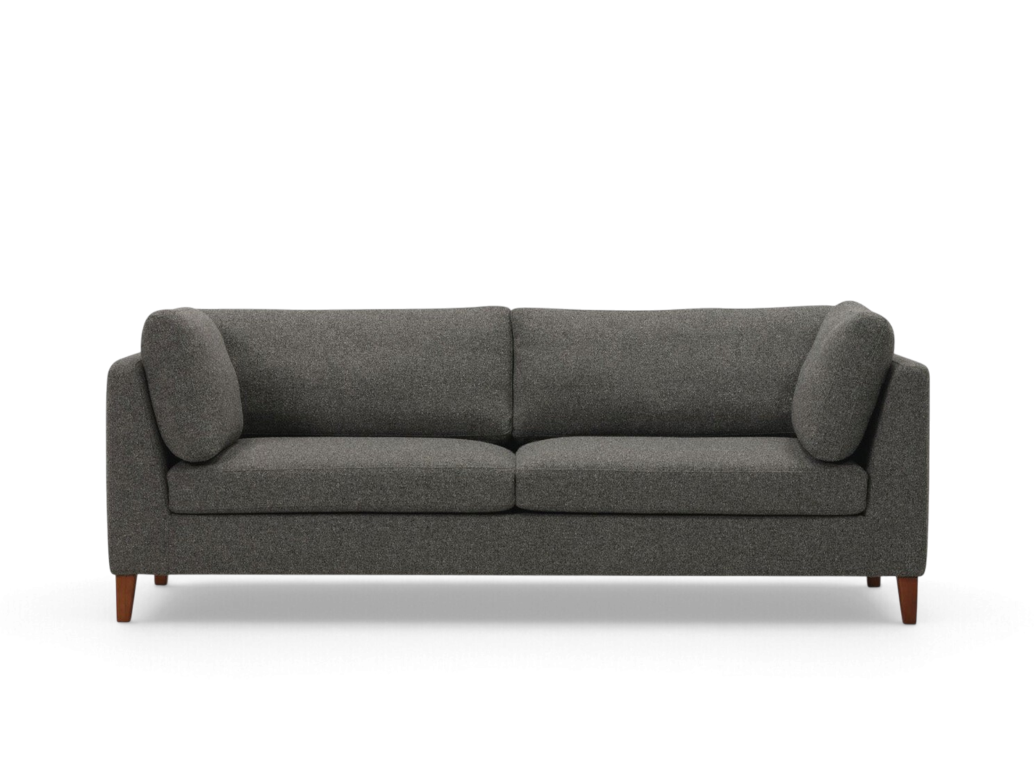 urbane EQ3 Salema 87 inch sofa in dark grey textured fabric with tapered wooden legs and two side bolster cushions