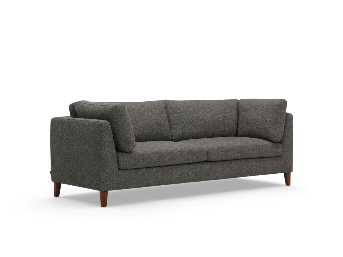 urbane EQ3 Salema 87-inch sofa in dark grey textured fabric with tapered wooden legs and a modern low-profile design.