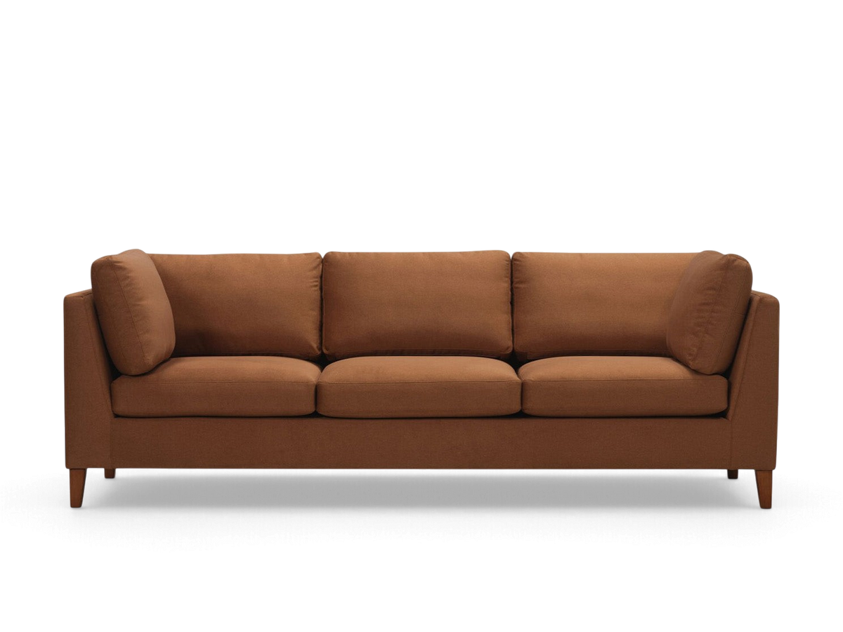 urbane EQ3 Salema 92-inch three-seater sofa in a warm brown fabric with tapered wooden legs and a modern profile.