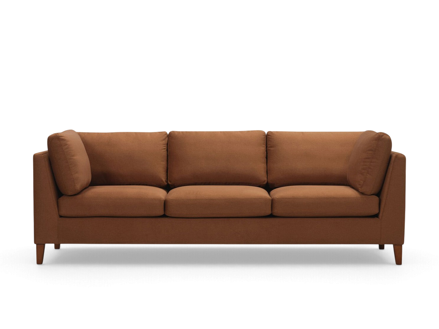 urbane EQ3 Salema 92-inch three-seater sofa in a warm brown fabric with tapered wooden legs and a modern profile.