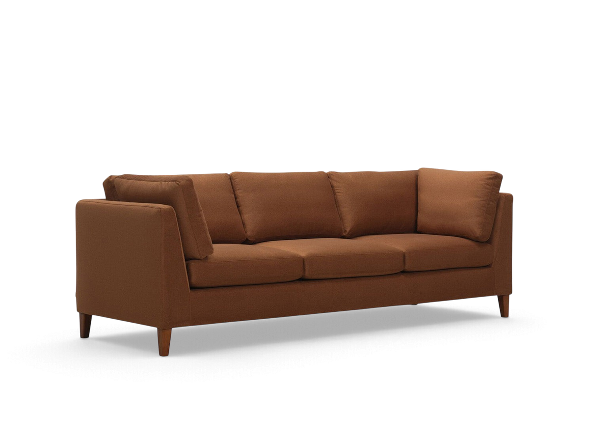 urbane EQ3 Salema 92-inch sofa in a rich brown fabric with a modern, laid-back design and tapered wooden legs.