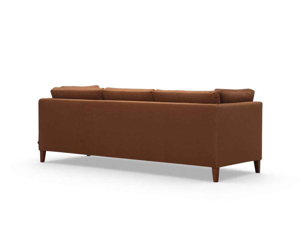 urbane EQ3 Salema 92 inch sofa in a warm brown fabric with a sleek modern design and tapered wooden legs