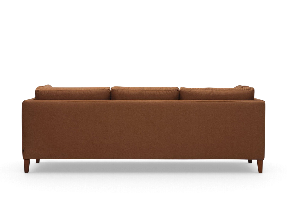urbane EQ3 Salema 92 inch sofa in a warm brown fabric with a clean-lined back view and tapered wooden legs
