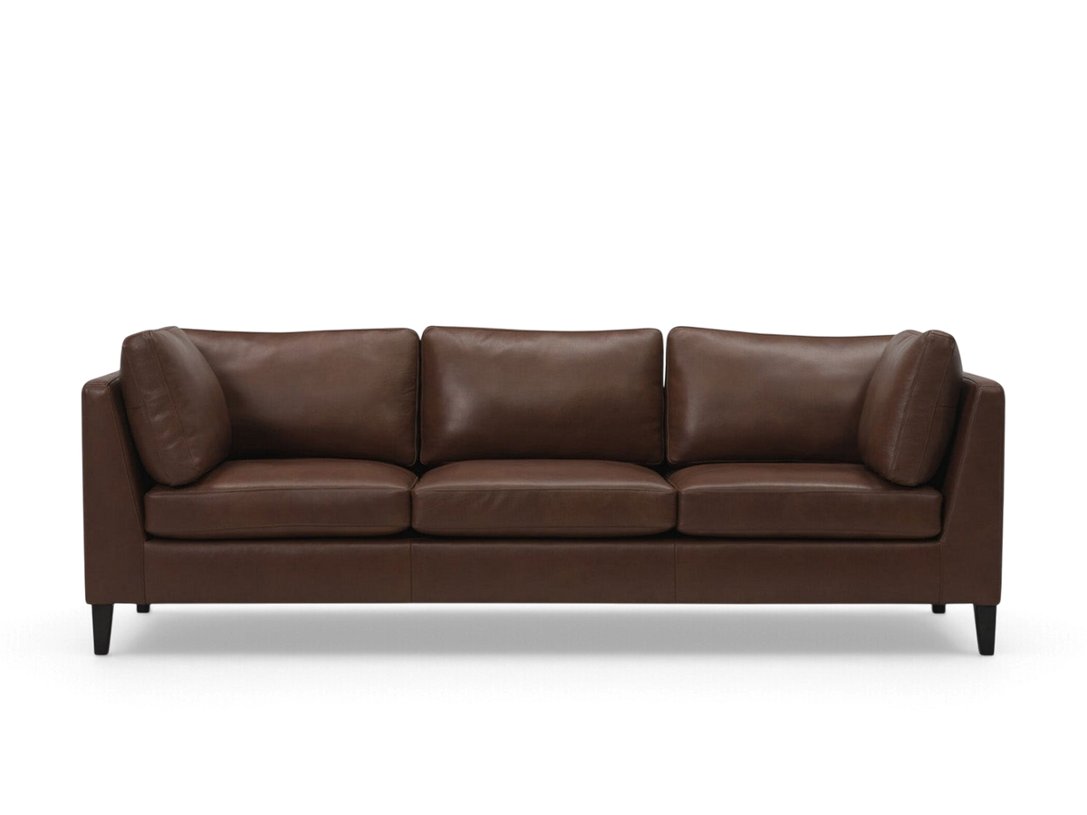 urbane EQ3 Salema 92 inch brown leather sofa with a modern three-cushion design and tapered black legs