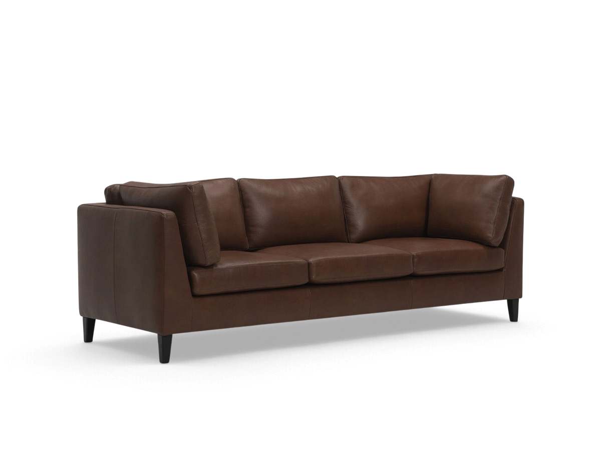 urbane EQ3 Salema 92-inch brown leather sofa with a modern, low-profile design and tapered dark wooden legs.